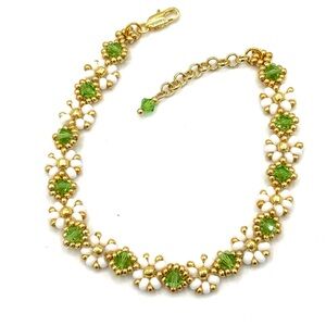 Hand Crafted Gold and Green Daisy Bracelet